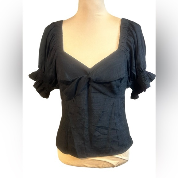 Nine West NWOT Womens Black Smocked Short Sleeve Sweetheart Neckline Top Large - Picture 1 of 6
